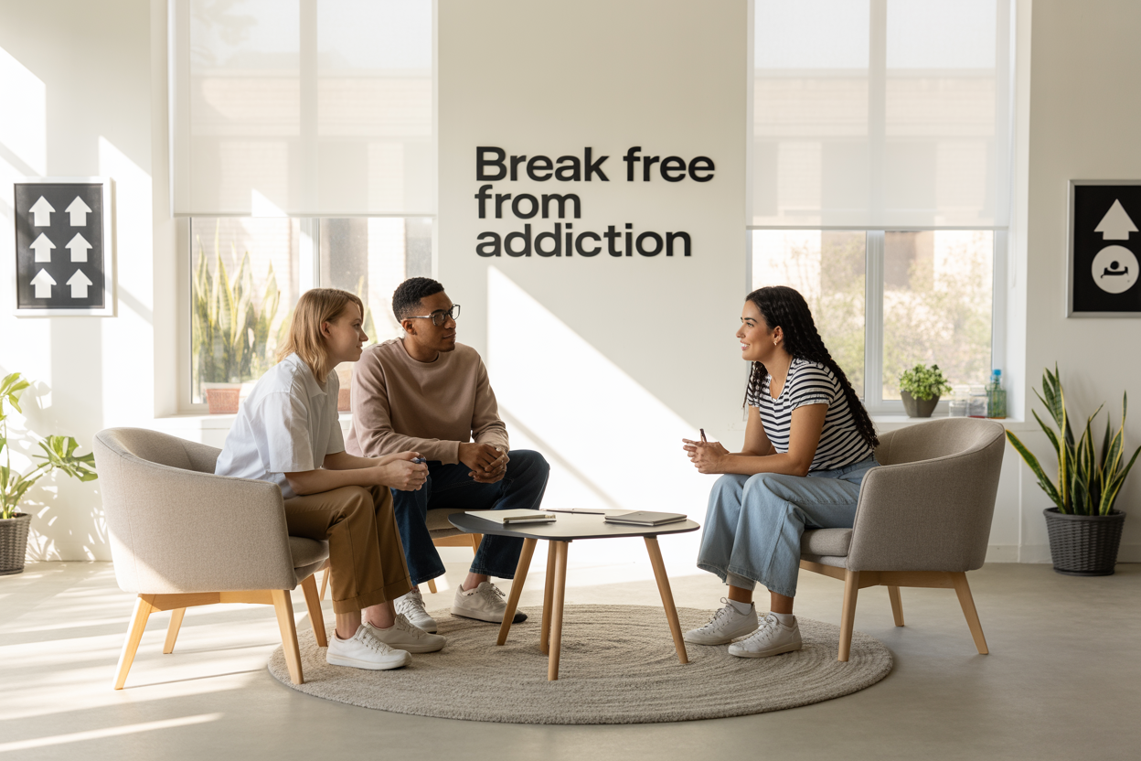 Create a realistic image of a diverse group of three people (one white female, one black male, one Hispanic female) sitting in a bright, modern counseling room with comfortable chairs arranged in a circle, soft natural lighting streaming through large windows, with motivational posters on the walls showing upward arrows and positive symbols, a small table with notebooks and pens, plants in the background creating a calming atmosphere, and the text "Break Free from Addiction" displayed prominently on a clean white wall behind them, conveying hope, support, and recovery.