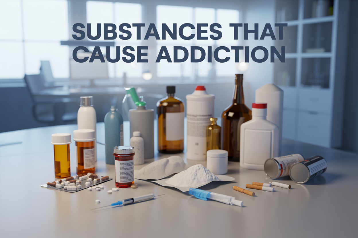 Create a realistic image of various addictive substances arranged on a clean white medical table including prescription pill bottles with scattered pills, a syringe, white powder in small bags, alcohol bottles, cigarettes, and common household items like aerosol cans and cleaning products, with soft clinical lighting from above casting subtle shadows, professional medical office background with blurred shelves, serious and educational mood, with bold text overlay reading "SUBSTANCES THAT CAUSE ADDICTION" in dark blue letters at the top of the image.