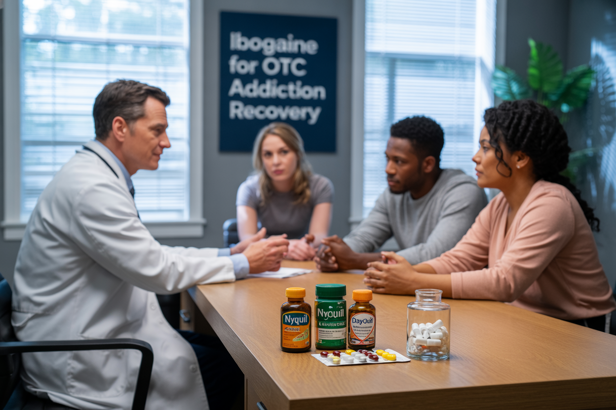 Create a realistic image of a clean, modern medical consultation room with a wooden desk displaying NyQuil and DayQuil bottles alongside ibogaine capsules in a small glass container, soft natural lighting from a window creating a hopeful atmosphere, with a white male doctor in his 40s wearing a white coat sitting across from a diverse group of patients (white female, black male, Hispanic female) in a supportive counseling setting, include the text "Ibogaine for OTC Addiction Recovery" prominently displayed on a wall poster behind the desk.