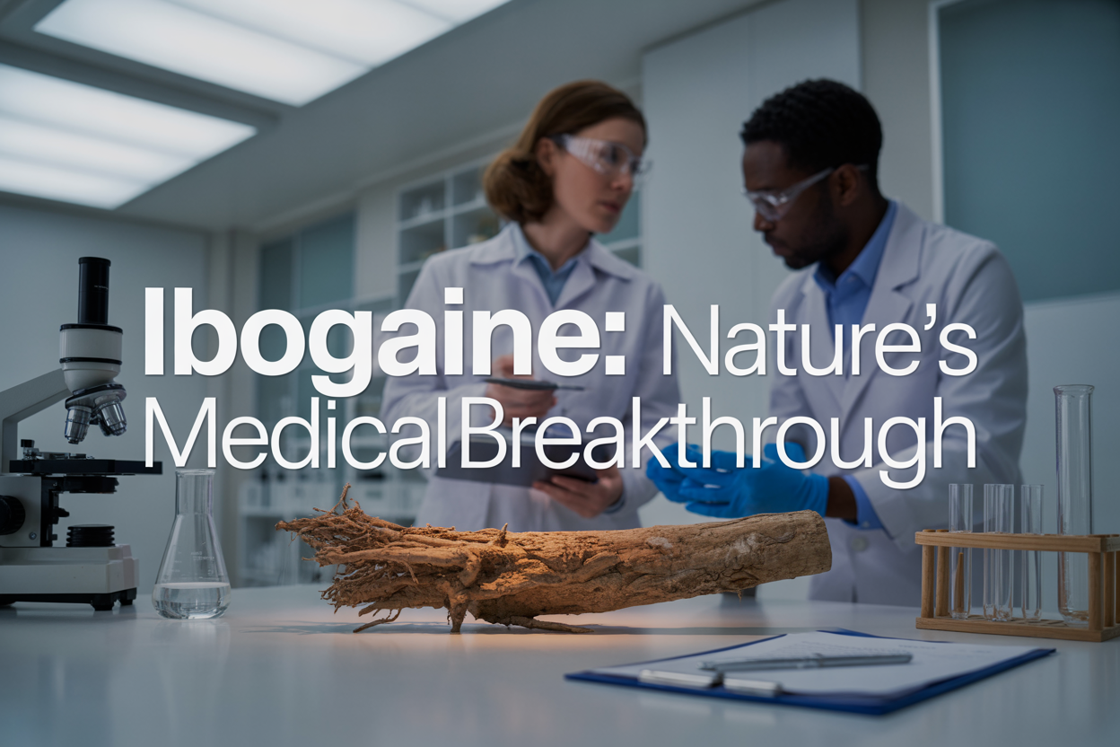 Create a realistic image of a traditional ibogaine root bark specimen displayed on a clean white medical laboratory surface alongside modern scientific equipment including microscope, glass beakers, and research documents, with soft natural lighting from above creating gentle shadows, featuring a diverse group of medical professionals - a white female doctor and black male researcher - examining the materials in the background, with the text "Ibogaine: Nature's Medical Breakthrough" elegantly overlaid in modern sans-serif font, conveying a professional medical research atmosphere that bridges traditional plant medicine with contemporary scientific study.