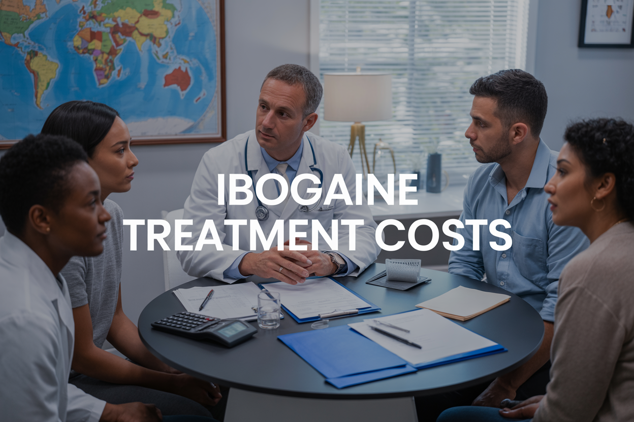 Create a realistic image of a clean, modern medical consultation room with a white male doctor in his 40s wearing a white coat sitting across from a diverse group of patients (including a black female, white male, and Hispanic female) at a round table, with medical charts and cost breakdown documents spread on the table, a world map on the wall showing different countries highlighted, soft natural lighting from a window, calculator and insurance forms visible on the desk, professional healthcare atmosphere, with text overlay reading "Ibogaine Treatment Costs" in clean, modern typography.