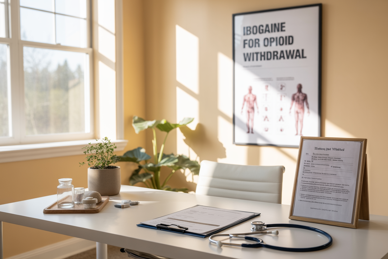 Create a realistic image of a serene medical consultation room with soft natural lighting streaming through a window, featuring a clean white desk with medical documents and a small iboga plant in a pot, a stethoscope, and educational materials about addiction treatment, with the text "Ibogaine for Opioid Withdrawal" prominently displayed on a professional medical poster on the wall, conveying hope and healing through the warm, calming atmosphere and professional healthcare setting.