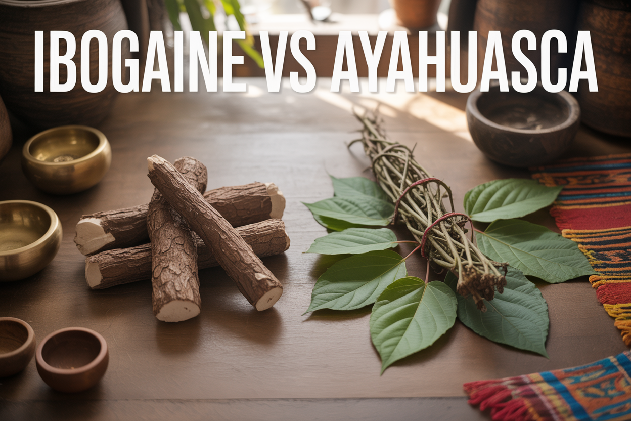 Create a realistic image of two distinct medicinal plants side by side on a wooden surface - iboga root bark pieces on the left and ayahuasca vine with chacruna leaves on the right, with soft natural lighting from above, surrounded by traditional ceremonial elements including small wooden bowls and indigenous textiles, featuring the text "Ibogaine vs Ayahuasca" prominently displayed at the top, with a warm earthy background that conveys a sense of traditional healing and spiritual medicine, shot in a documentary photography style with shallow depth of field.