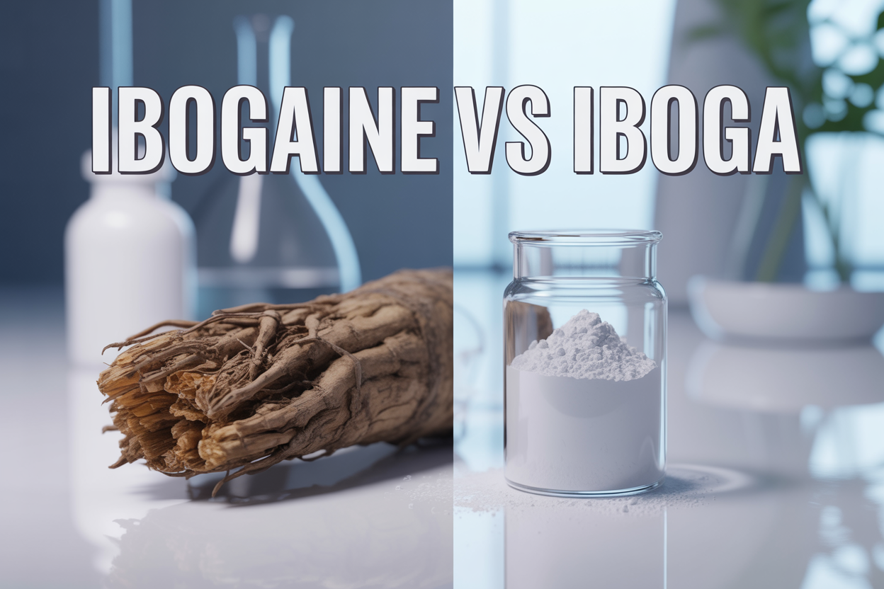 Create a realistic image of a split-screen comparison showing an iboga root bark (raw, brown, fibrous plant material) on the left side and white ibogaine powder in a glass vial on the right side, positioned on a clean white medical/laboratory surface with soft, professional lighting, including the text "IBOGAINE VS IBOGA" prominently displayed at the top center of the image in bold, modern typography, with a subtle background suggesting medical research or therapeutic treatment setting.