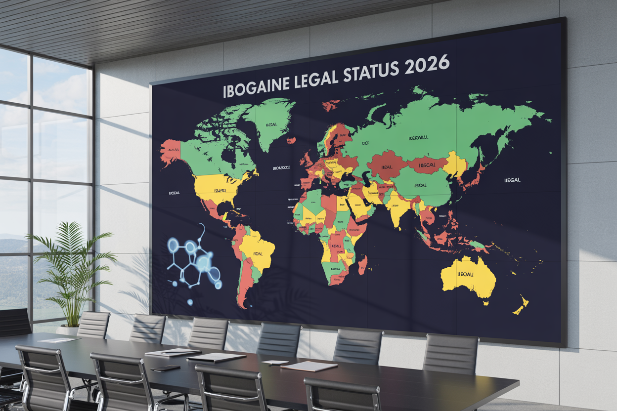 Create a realistic image of a modern world map displayed on a large digital screen or wall-mounted display, with different countries highlighted in green (legal), red (illegal), and yellow (restricted/gray area) color coding to represent ibogaine's legal status, featuring a sleek conference room or government office setting with professional lighting, include subtle ibogaine plant imagery or molecular structure graphics in the corner, and overlay the text "Ibogaine Legal Status 2026" in clean, professional typography at the top of the image.