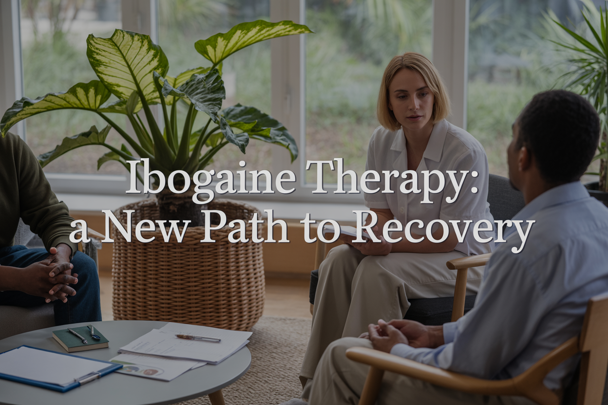 Create a realistic image of a serene healing environment showing a diverse group of people including a white female counselor and a black male client sitting in comfortable chairs during a therapy session, with soft natural lighting streaming through large windows, featuring the ibogaine plant (Tabernanthe iboga) with its distinctive leaves displayed on a nearby table alongside medical charts and recovery literature, set against a calming background of earth tones and greenery, with the text "Ibogaine Therapy: A New Path to Recovery" elegantly overlaid in modern sans-serif font, conveying hope, healing, and professional medical care in addiction treatment.