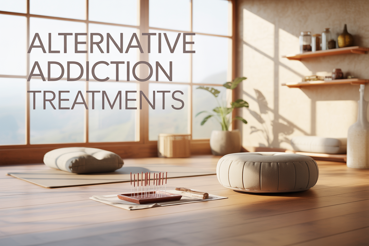 Create a realistic image of a serene wellness center treatment room with natural lighting streaming through large windows, featuring a comfortable meditation cushion and yoga mat on a wooden floor, alongside traditional elements like acupuncture needles on a small wooden tray, dried herbs in glass jars on floating shelves, and a small potted plant, with soft earth tones throughout the space, and elegant text overlay reading "Alternative Addiction Treatments" in calming sans-serif font positioned in the upper portion of the image.