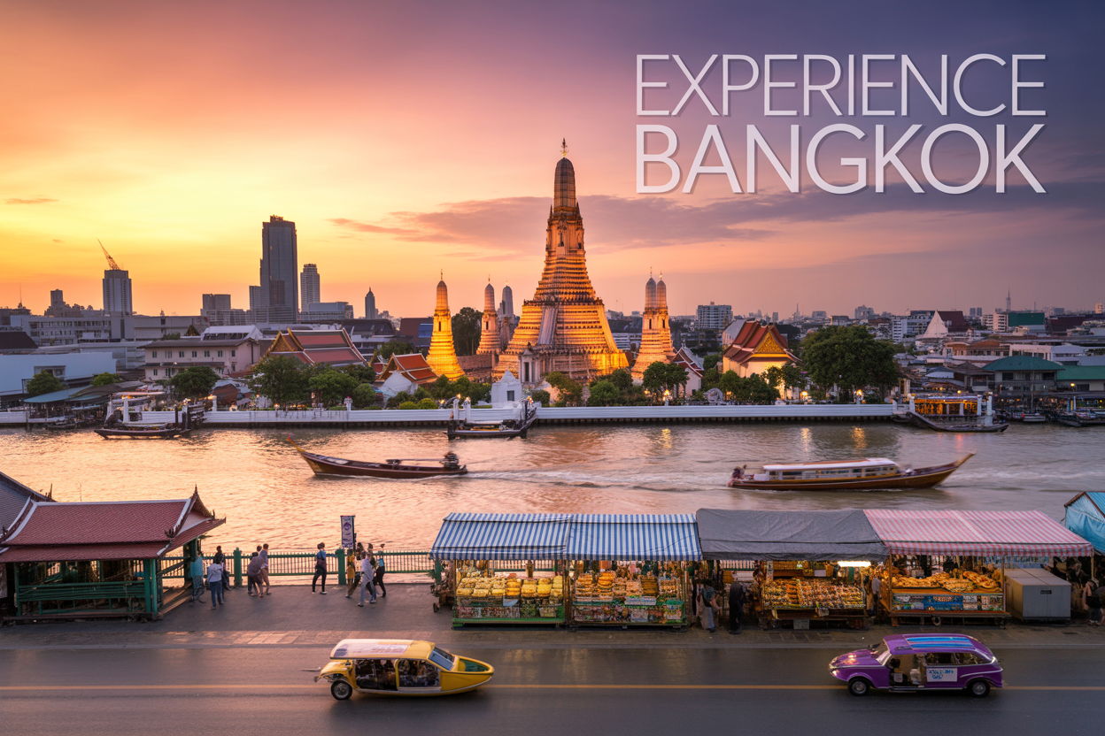Create a realistic image of a breathtaking Bangkok cityscape at sunset, showing the illuminated Wat Arun temple along the Chao Phraya River, with traditional long-tail boats passing by, modern skyscrapers in the background, vibrant street food stalls with steaming dishes in the foreground, and colorful tuk-tuks driving past, all under a warm golden-orange sky with the text "Experience Bangkok" subtly overlaid.