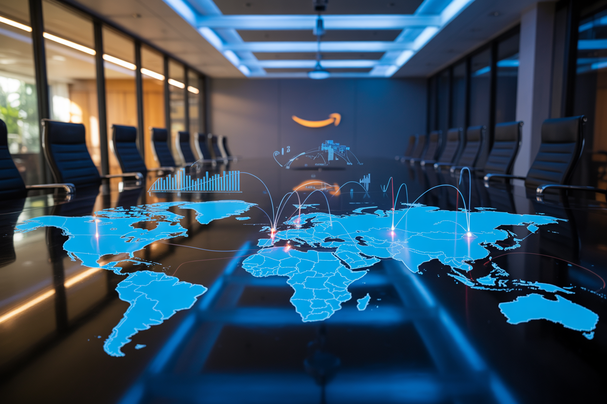 Create a realistic image of a digital world map with glowing expansion points highlighting Amazon's new market territories, showing logistics routes connecting continents, with data visualizations of growth sectors floating above key regions, all displayed on a sleek glass conference table in a modern corporate boardroom with blue ambient lighting and subtle Amazon branding in the corner.