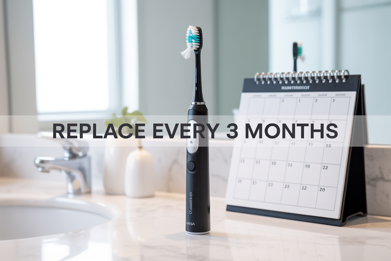 Create a realistic image of a modern electric toothbrush with visible wear signs including frayed bristles on the brush head, positioned on a clean white bathroom counter next to a calendar showing replacement timeline markers, with a subtle split-screen effect showing a worn toothbrush on one side and a new replacement toothbrush on the other side, bright bathroom lighting, clean minimalist background, with text overlay reading "Replace Every 3 Months" in bold sans-serif font.