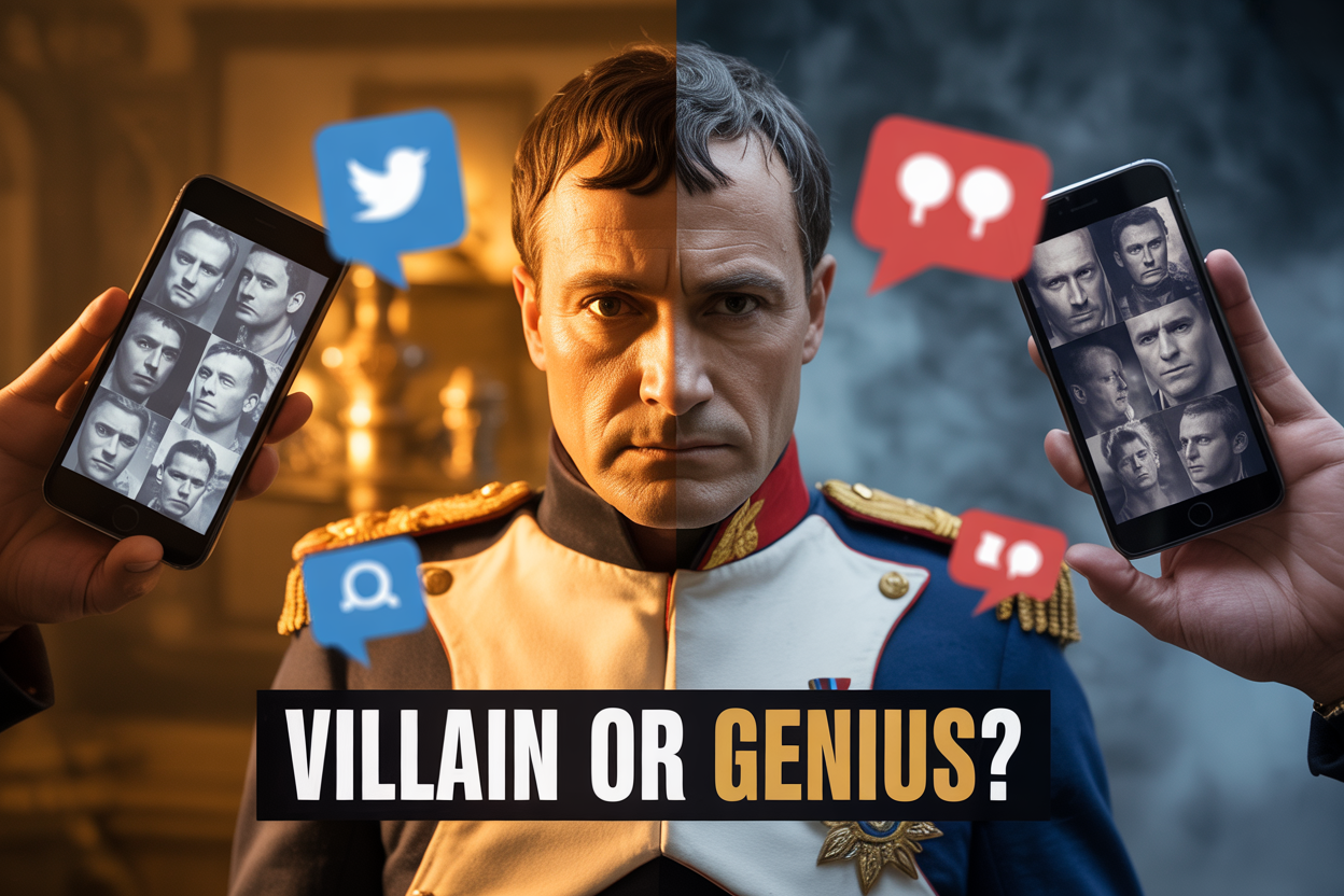 Create a realistic image of a dramatic split composition featuring Napoleon Bonaparte in military uniform on one side with golden lighting representing genius, and darker shadowy elements on the other side representing villainy, with social media icons and comment bubbles floating around the central figure, multiple smartphone screens showing heated online discussions in the background, and bold text overlay reading "VILLAIN OR GENIUS?" in contrasting colors, set against a moody backdrop that transitions from warm golden light to cool dark shadows, capturing the intense modern digital debate about this historical figure.