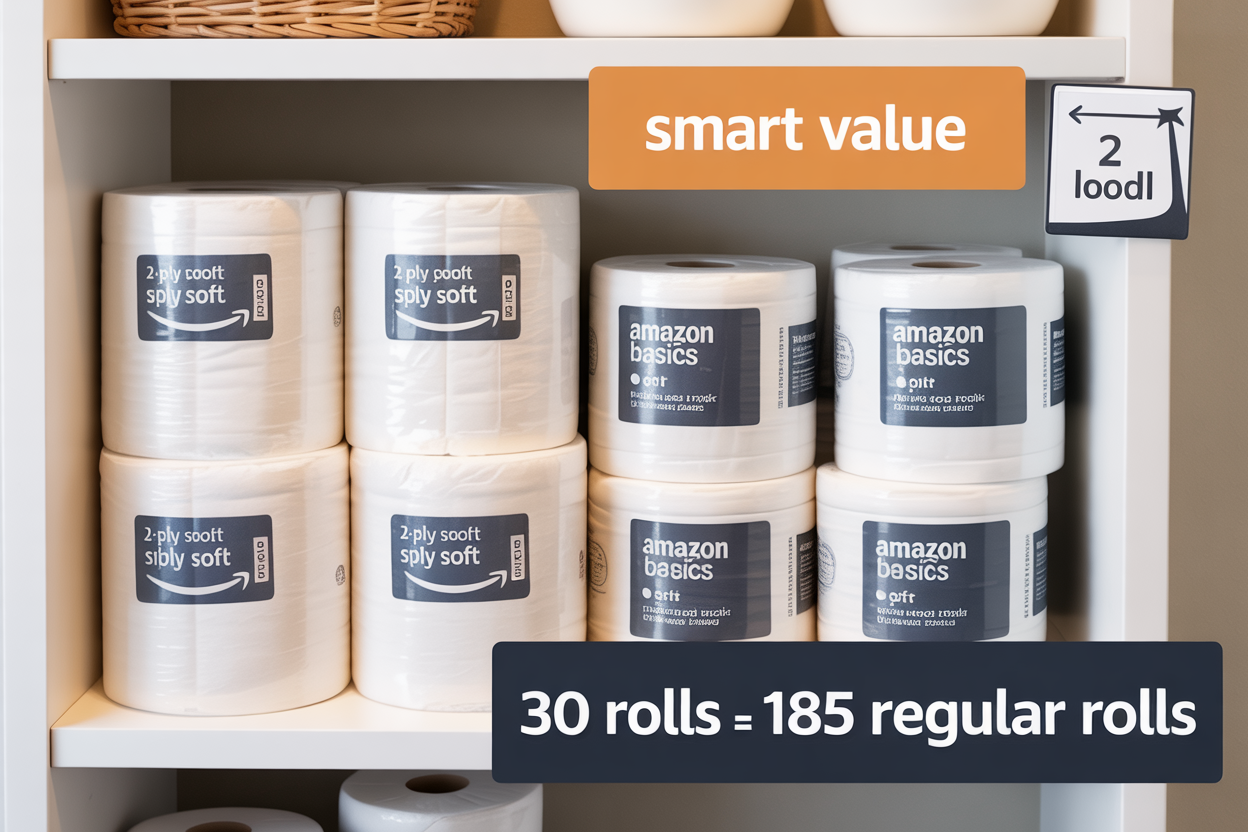 Create a realistic image of an organized bathroom shelf with Amazon Basics toilet paper packages neatly stacked, showcasing the bulk quantity of 30 rolls. The packaging should display the Amazon Basics logo and "2-Ply Soft" label clearly. Include a small visual comparison showing how the 30 rolls equal 185 regular rolls with a scale or size reference. The lighting should be bright and clean, emphasizing the product's value proposition with text overlay reading "Smart Value: 30 Rolls = 185 Regular Rolls."