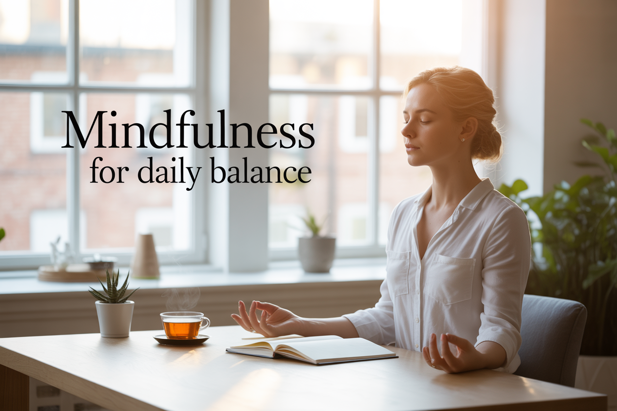 Create a realistic image of a serene workspace scene featuring a white female in her 30s sitting at a clean wooden desk in a bright, naturally lit room with large windows, she is in a meditative pose with eyes gently closed and hands resting peacefully on the desk, surrounded by minimal elements including a small potted plant, an open journal, and a steaming cup of tea, soft morning sunlight streaming through the windows creating a calm atmosphere, with the text "Mindfulness for Daily Balance" elegantly overlaid in modern, clean typography in the upper portion of the image, overall mood conveying tranquility, focus, and inner peace.