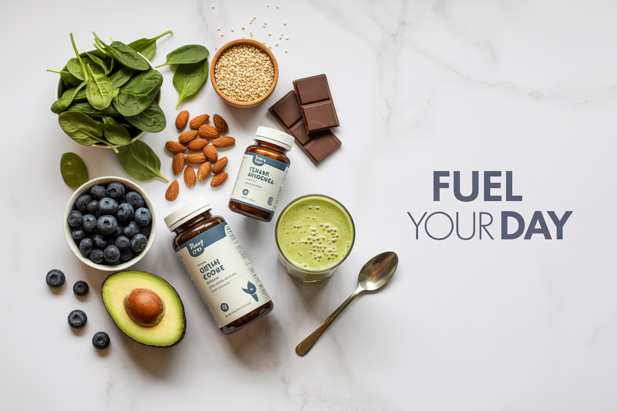 Create a realistic image of a vibrant flat lay arrangement on a clean white marble surface featuring energy-boosting foods including fresh blueberries, spinach leaves, almonds, a sliced avocado, quinoa in a small bowl, dark chocolate pieces, and supplement bottles, with a glass of green smoothie and a small wooden spoon, accompanied by soft natural lighting from above and the text "FUEL YOUR DAY" in modern sans-serif font positioned in the upper right corner.
