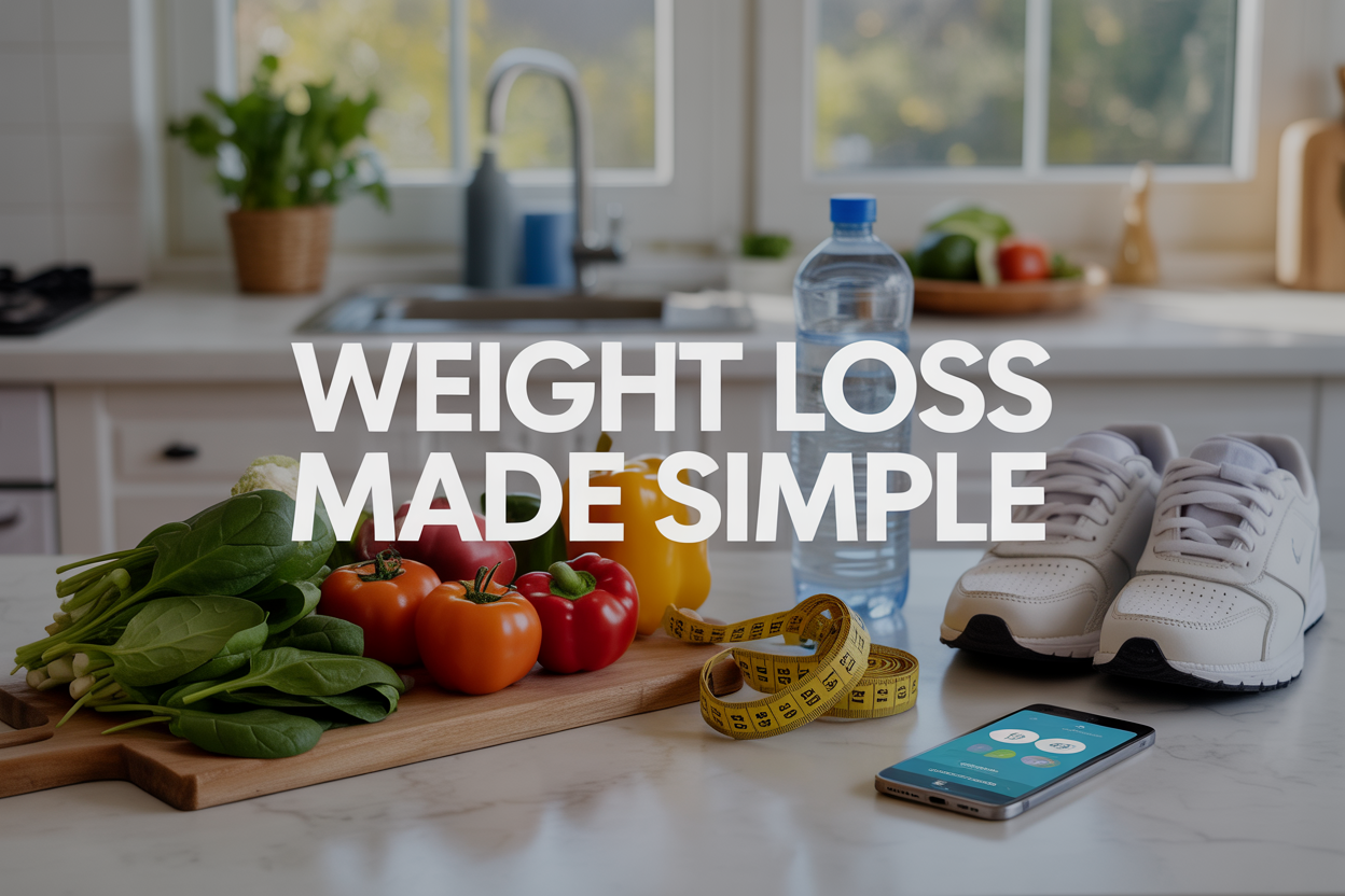 Create a realistic image of a bright, clean kitchen counter with fresh vegetables like spinach, tomatoes, and bell peppers alongside a pair of white sneakers, a water bottle, a measuring tape, and a smartphone displaying a fitness app, with natural daylight streaming through a window in the background, featuring the text "Weight Loss Made Simple" in modern, clean typography overlaid on the scene.