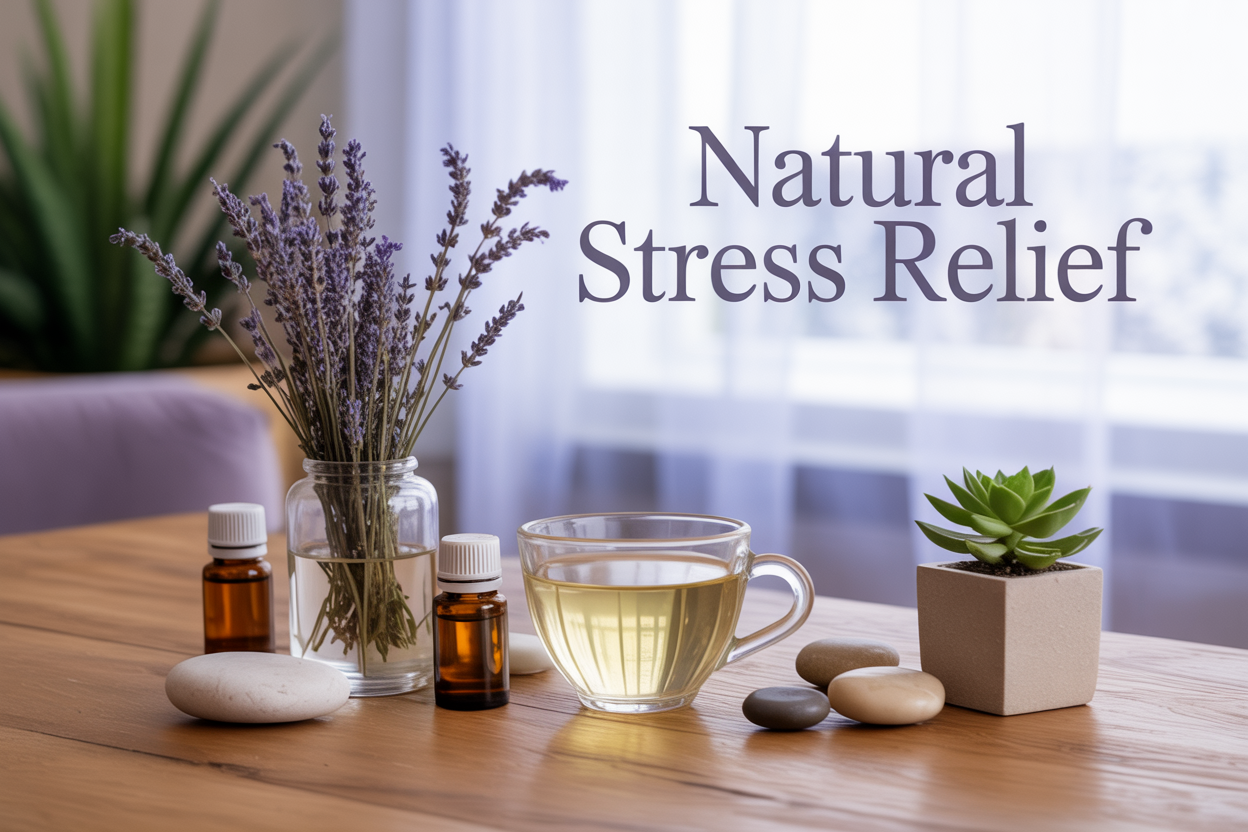 Create a realistic image of a serene wellness scene featuring a wooden table with natural stress relief elements including dried lavender sprigs, chamomile tea in a clear glass cup, essential oil bottles, smooth river stones, and a small potted succulent plant, with soft natural lighting from a window creating gentle shadows, peaceful spa-like atmosphere with muted earth tones of beige, green, and purple, and elegant text overlay reading "Natural Stress Relief" in calming serif font positioned in the upper portion of the image.