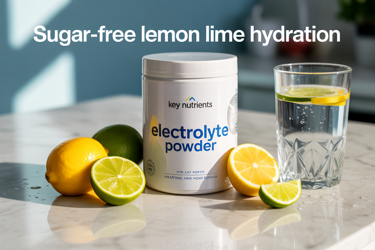 Create a realistic image of a sleek white powder container with "Key Nutrients Electrolyte Powder" label prominently displayed, surrounded by fresh lemon and lime slices, water droplets, and a clear glass of sparkling water with citrus garnish on a clean white marble countertop, with soft natural lighting creating a refreshing and healthy atmosphere, and include the text "Sugar-Free Lemon Lime Hydration" overlaid in modern sans-serif font.