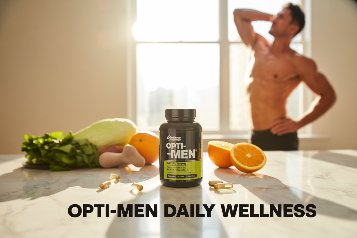 Create a realistic image of a bottle of Optimum Nutrition Opti-Men multivitamin prominently displayed in the center foreground on a clean white marble surface, surrounded by fresh citrus fruits, green leafy vegetables, and scattered vitamin capsules, with a fit white male in his 30s in workout attire stretching in the soft-focused background, bright natural morning sunlight streaming through a window creating warm golden lighting, with the text "OPTI-MEN DAILY WELLNESS" displayed in bold modern font at the bottom of the image, conveying energy, health, and morning vitality in a clean minimalist style.