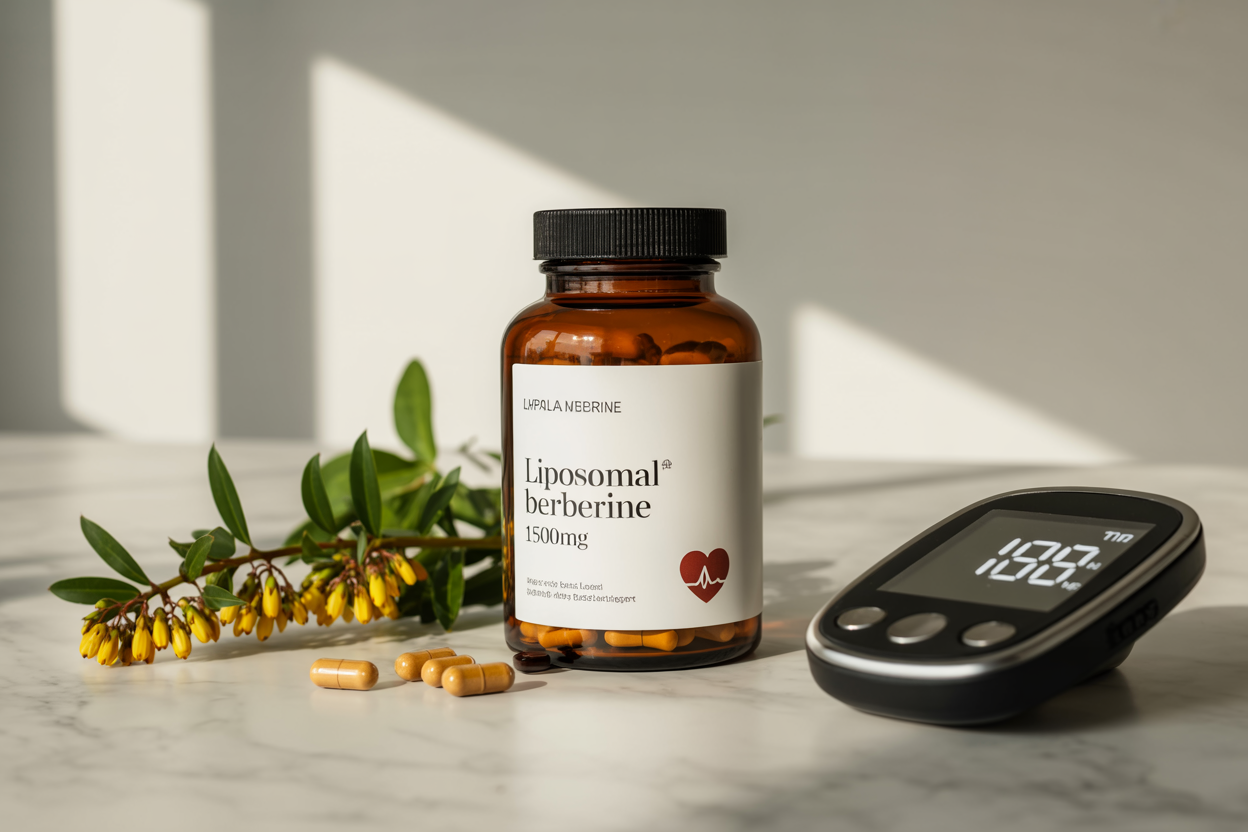 Create a realistic image of liposomal berberine supplement capsules in an elegant amber glass bottle with a modern white label, positioned on a clean marble countertop alongside fresh berberis plant branches with yellow flowers, a digital glucose meter displaying healthy blood sugar levels, and a subtle heart health icon, with soft natural lighting from the left side creating gentle shadows, and the text "LIPOSOMAL BERBERINE 1500mg" prominently displayed on the bottle label, conveying a premium health supplement aesthetic with a calming, trustworthy mood.