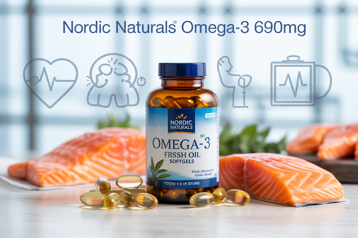 Create a realistic image of a bottle of Nordic Naturals Omega-3 fish oil softgels prominently displayed in the center, surrounded by fresh salmon fillets, scattered golden omega-3 softgel capsules, and subtle health icons representing a heart, brain, and blood pressure monitor in the background, with soft natural lighting creating a clean, clinical yet organic atmosphere, and the text "Nordic Naturals Omega-3 690mg" overlaid in modern, professional typography at the top of the image.