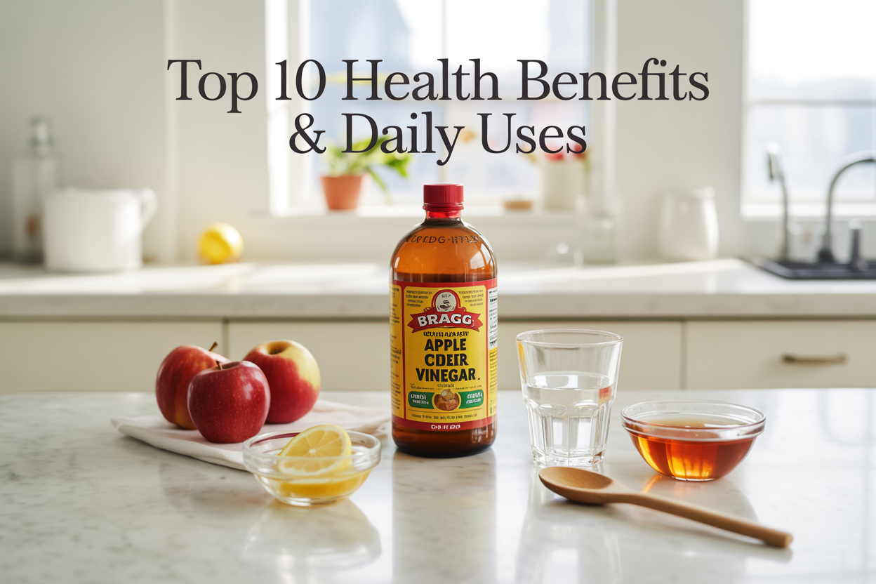 Create a realistic image of a bottle of Bragg Organic Apple Cider Vinegar as the central subject on a clean white marble countertop, surrounded by fresh red apples, a glass of water with apple cider vinegar, a wooden spoon, and small bowls containing natural ingredients like honey and lemon slices, with soft natural lighting from a window creating gentle shadows, and the text "Top 10 Health Benefits & Daily Uses" overlaid in elegant serif font at the top of the image, conveying a fresh, healthy, and wellness-focused mood with a bright, clean kitchen background.