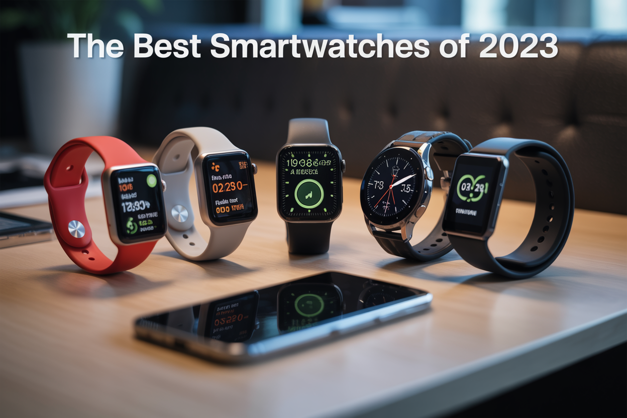 Create a realistic image of multiple smartwatches (Apple Watch, Samsung Galaxy Watch, and fitness tracker) displayed on a modern desk, showing their bright screens with health metrics and notifications, arranged in a semi-circle with a smartphone in the center, soft lighting highlighting the sleek designs and premium materials, with text overlay "The Best Smartwatches of 2023."
