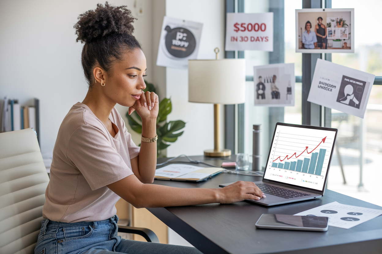 Create a realistic image of a motivated young Black woman entrepreneur sitting at a modern desk with a laptop showing rising financial graphs, surrounded by symbols of different income streams - a digital product mockup, freelance portfolio, and small business logo sketches, with natural lighting from a nearby window, and "$5000 in 30 Days" displayed on a small vision board in the background.