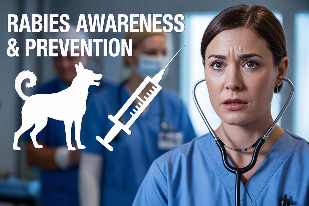 Create a realistic image of a medical awareness poster featuring a close-up of a concerned-looking white female healthcare worker in scrubs holding a stethoscope, with a blurred hospital background, alongside illustrated warning symbols of a rabid dog silhouette and a syringe representing vaccination, using a clean blue and white color scheme with professional lighting, and include the text "RABIES AWARENESS & PREVENTION" prominently displayed at the top of the image.