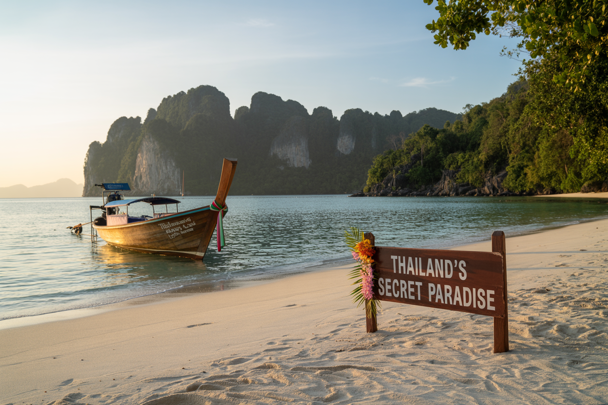 Create a realistic image of a secluded pristine Thai island beach with crystal clear turquoise waters, a traditional long-tail boat floating nearby, dense jungle backdrop with limestone cliffs, and a small wooden sign partially covered with tropical flowers reading "Thailand's Secret Paradise," captured during golden hour with warm sunset lighting casting long shadows on the untouched white sand.