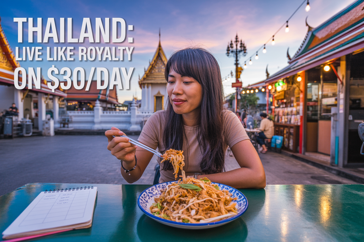 Create a realistic image of a young Asian female traveler sitting at a vibrant Thai street food stall, enjoying a colorful plate of Pad Thai, with a serene temple visible in the background, string lights overhead, and a small notebook showing a budget breakdown on the table, all bathed in warm sunset lighting, with text overlay reading "Thailand: Live Like Royalty on $30/Day".