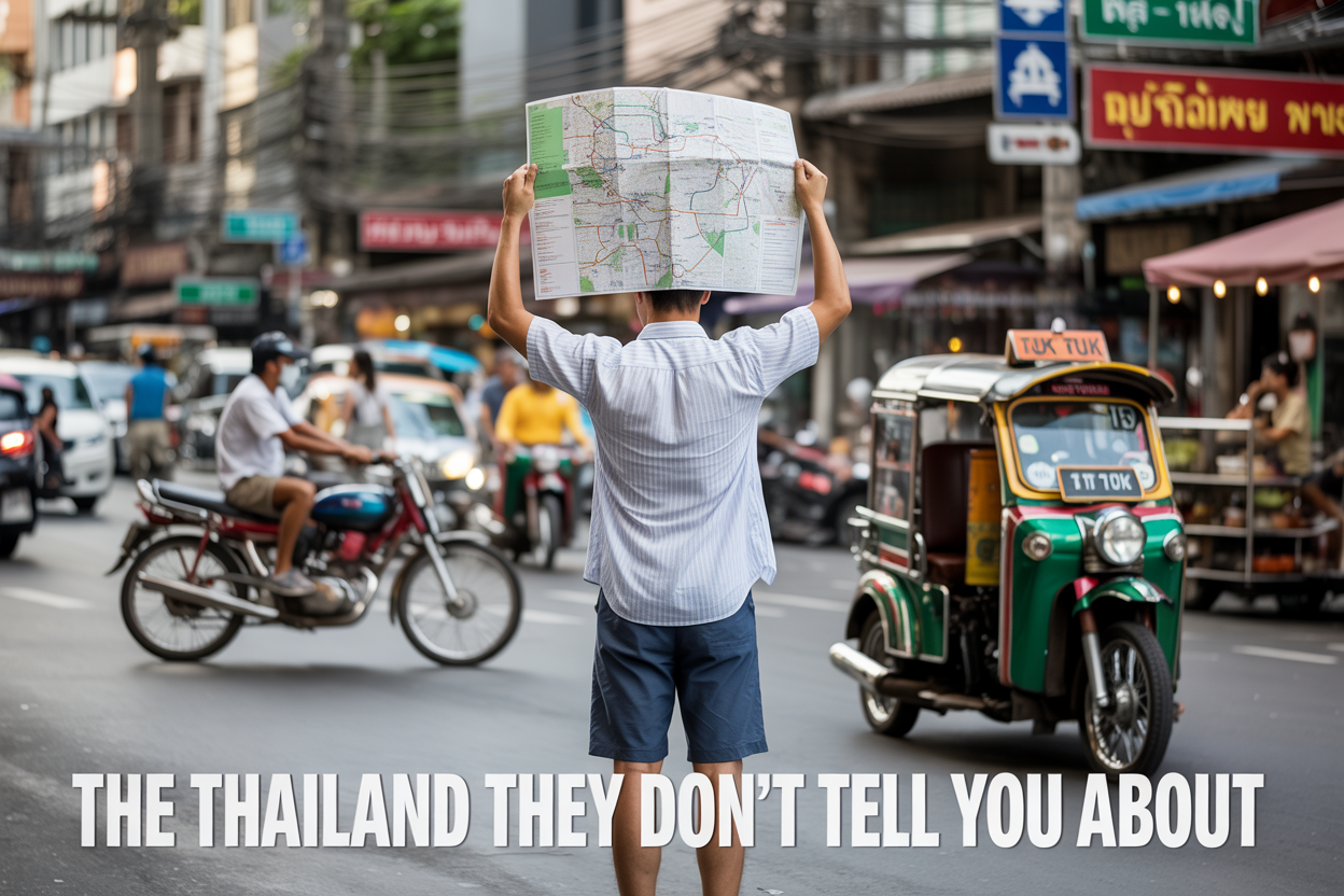 Create a realistic image of a confused Western male traveler standing at a bustling Bangkok street intersection, holding an unfolded map upside down, while locals on motorbikes navigate effortlessly around him. A tuk-tuk driver approaches with a sly smile, street food stalls with unfamiliar dishes line the background, and dual-pricing signs visible in Thai and English. Overlay text: "The Thailand They Don't Tell You About"