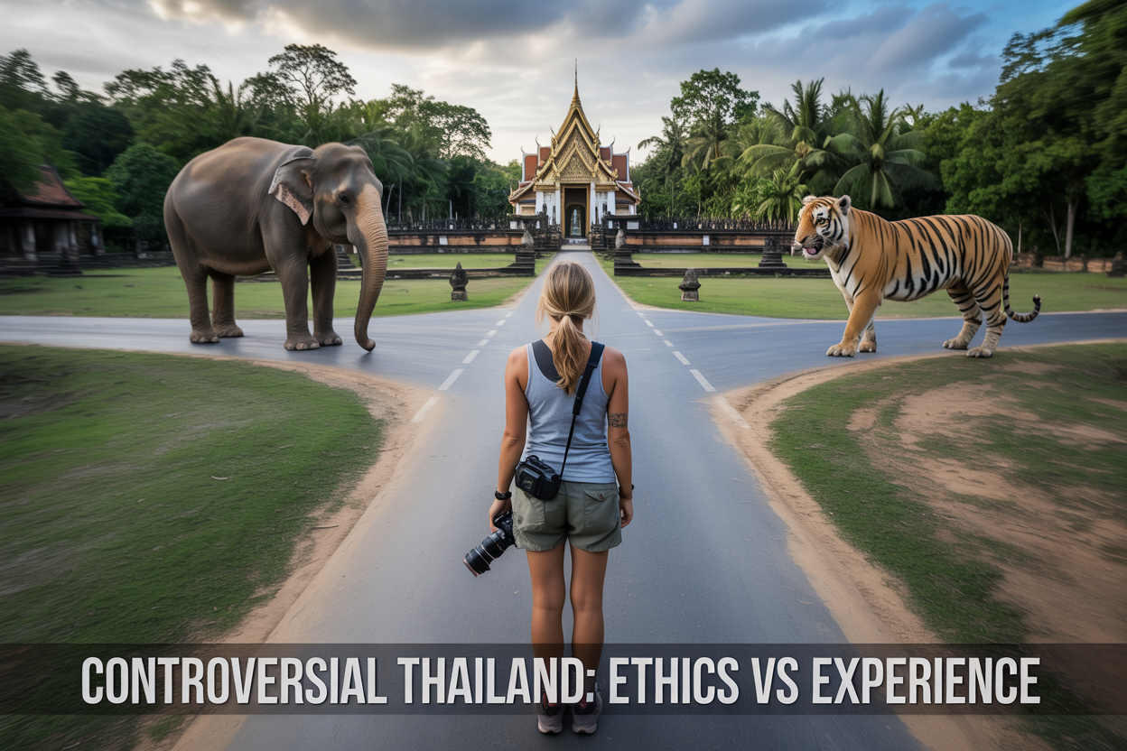 Create a realistic image of a thoughtful Western female traveler standing at a crossroads in Thailand, with an elephant sanctuary path to one side and a tiger attraction to the other, wearing casual hiking clothes with a camera around her neck, lush Thai jungle and traditional temples in the background, dramatic lighting creating shadows symbolizing ethical dilemmas, overlay text reading "Controversial Thailand: Ethics vs Experience."