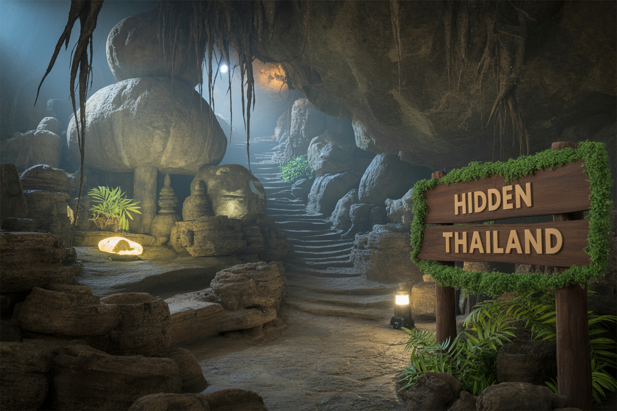 Create a realistic image of a hidden underground cave system in Thailand with ancient stone structures and glowing bioluminescent fungi, showing narrow pathways with roots hanging from the ceiling, soft beams of light filtering through small openings above, with a wooden sign in Thai and English saying "Hidden Thailand" partially covered in moss.