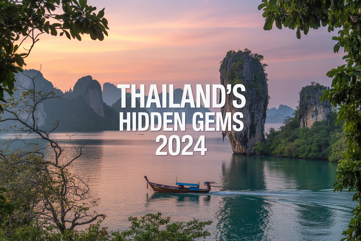 Create a realistic image of a traveler's viewpoint overlooking a stunning Thai landscape at sunset, featuring limestone karsts rising from turquoise waters, with a traditional longtail boat passing by, a temple silhouette visible on a distant hill, and lush tropical vegetation framing the scene, with text overlay reading "Thailand's Hidden Gems 2024."