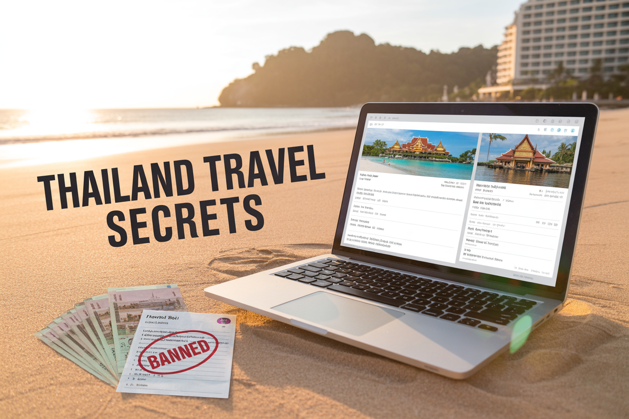 Create a realistic image of a traveler's open laptop on a Thai beach, showing a blog post with hotel price comparisons, with luxury resorts visible in the background, Thai baht currency scattered nearby, a "BANNED" stamp visible on a hotel booking confirmation, warm sunset lighting creating a golden glow on the scene, with text overlay reading "Thailand Travel Secrets".