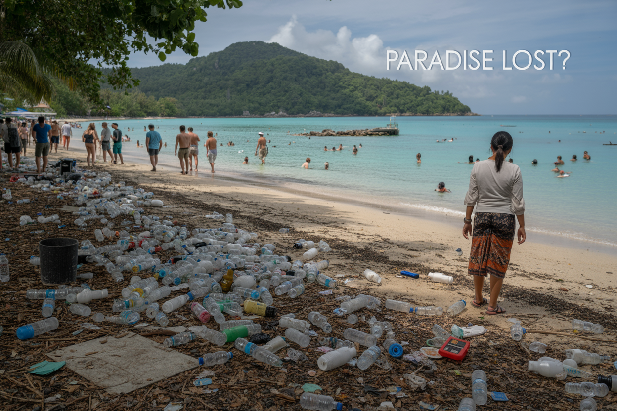 Create a realistic image of a once-pristine Thai beach in Phuket now overcrowded with tourists, showing stark contrast between a small area of beautiful turquoise water and the majority of the shoreline littered with plastic waste, empty bottles, and discarded items. A Thai female vendor looks on with resignation while Western tourists continue partying nearby, oblivious to the environmental impact. A "Paradise Lost?" text overlay appears in the corner.