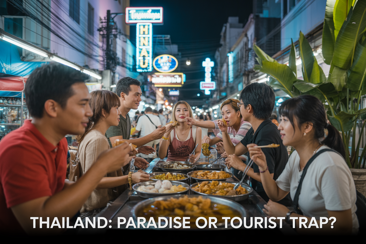 Create a realistic image of a diverse group of tourists enjoying authentic Thai street food at a vibrant night market in Bangkok, with neon signs illuminating the scene, street vendors cooking traditional dishes, and lush tropical plants in the background, capturing both the cultural immersion and tourist experience, with text overlay "Thailand: Paradise or Tourist Trap?"