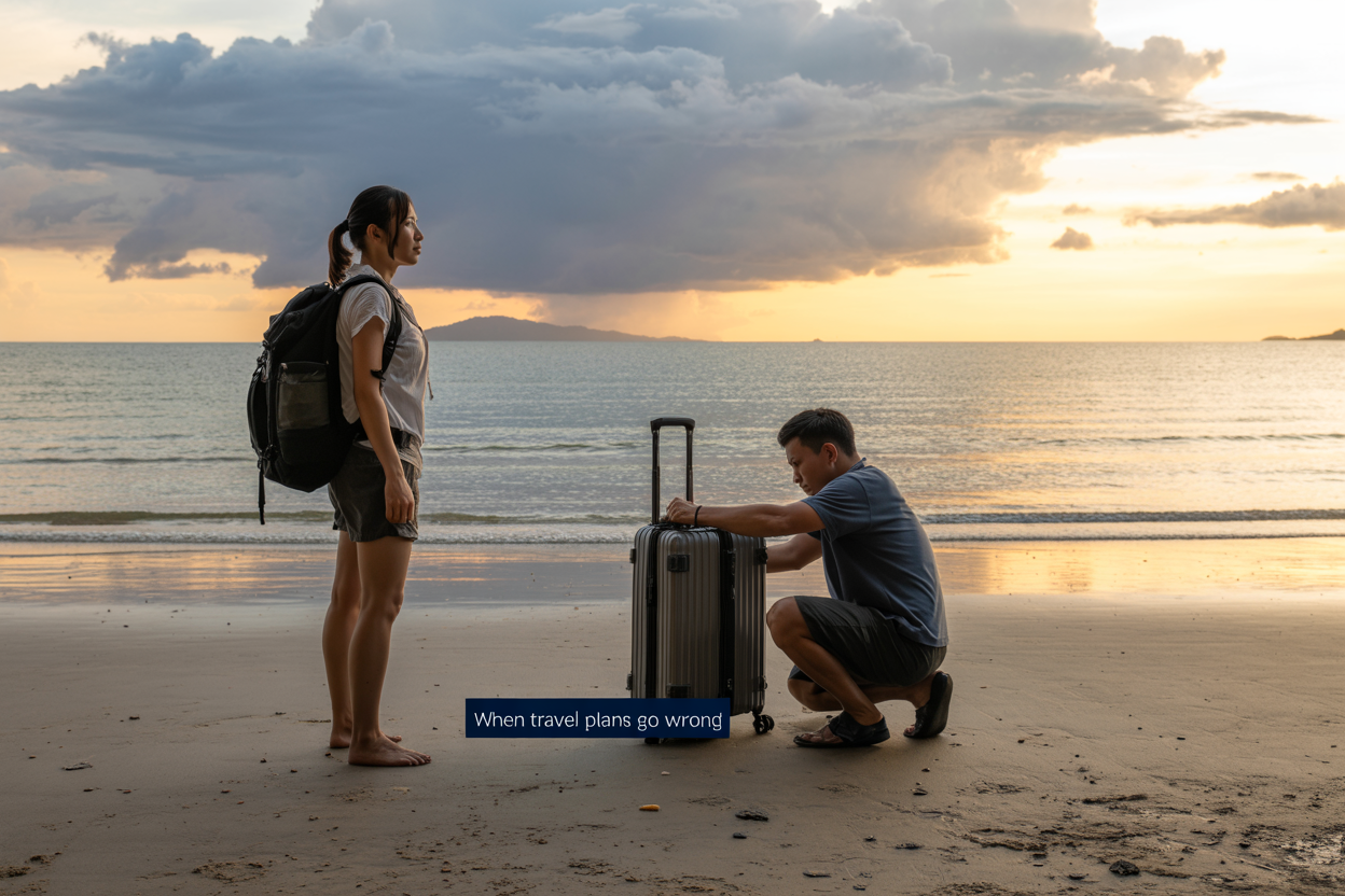 Create a realistic image of a resilient Asian female traveler standing on a Thai beach at sunset, looking determined with a backpack, her broken suitcase being repaired by a friendly local, with storm clouds clearing in the distance, revealing golden sunlight, and a small text overlay reading "When Travel Plans Go Wrong".