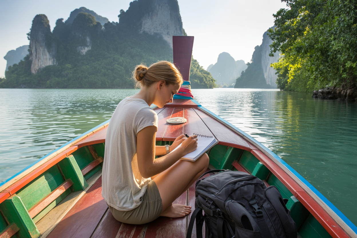 Create a realistic image of a white female traveler in her late 20s sitting on a colorful Thai longtail boat, writing in a travel journal, with a backpack beside her, as the boat passes limestone karsts in the background. The scene captures Thailand's natural beauty with clear turquoise water, tropical greenery, and the golden afternoon sunlight creating a warm atmosphere, with "6 Months in Thailand" subtly visible on the journal cover.