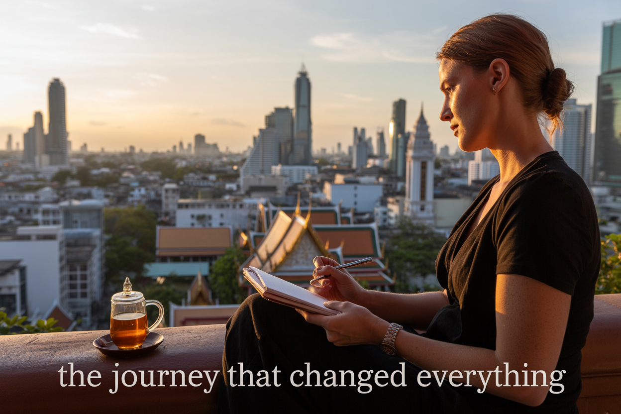 Create a realistic image of a thoughtful white female traveler sitting on a Bangkok balcony at sunset, overlooking a cityscape that shows both modern skyscrapers and traditional Thai temples. Her expression is contemplative as she writes in a journal, with a Thai tea beside her. The warm golden light contrasts with distant shadows of the city, symbolizing the light and dark aspects of her transformative journey. Text overlay: "The Journey That Changed Everything"