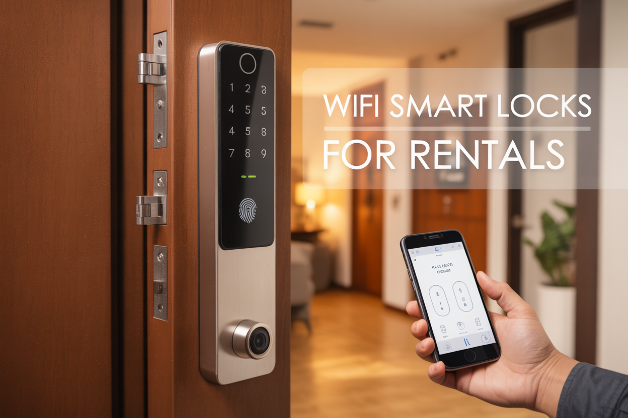 Create a realistic image of a modern smart door lock with WiFi connectivity installed on a wooden apartment door, featuring a sleek digital keypad, fingerprint scanner, and small camera lens, with a smartphone in the foreground displaying a door lock control app interface, set against a well-lit apartment hallway background with warm lighting, and include the text "WiFi Smart Locks for Rentals" overlaid on the image in clean, modern typography.
