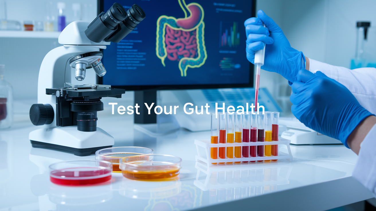Create a realistic image of a laboratory setting with a microscope, petri dishes, and test tubes filled with colorful bacterial cultures on a clean white counter. A scientist's hands, wearing blue latex gloves, are visible pipetting a sample. In the background, a digital screen displays a diagram of the human digestive system. Include the text "Test Your Gut Health" in a subtle overlay.