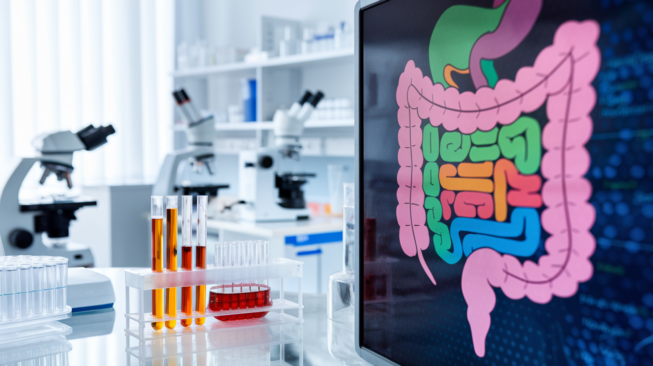 Create a realistic image of a modern medical laboratory with various gut health testing equipment visible, including microscopes, test tubes, and petri dishes. In the foreground, show a close-up of a colorful, labeled diagram of the human digestive system displayed on a large digital screen, emphasizing different parts of the intestines.