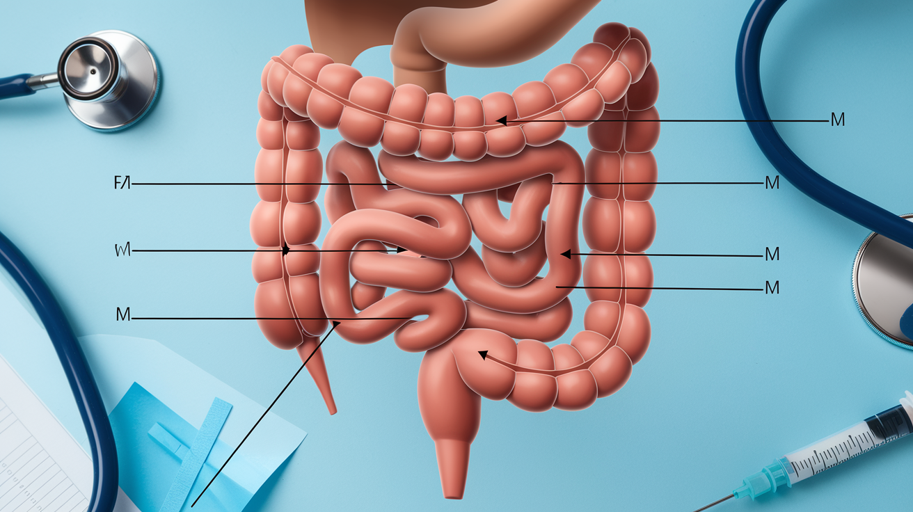 Create a realistic image of a close-up view of a stylized representation of the human digestive system, focusing on the intestines, with arrows and labels highlighting different areas of gut function, set against a light blue background, incorporating subtle medical imagery and a clean, professional aesthetic.