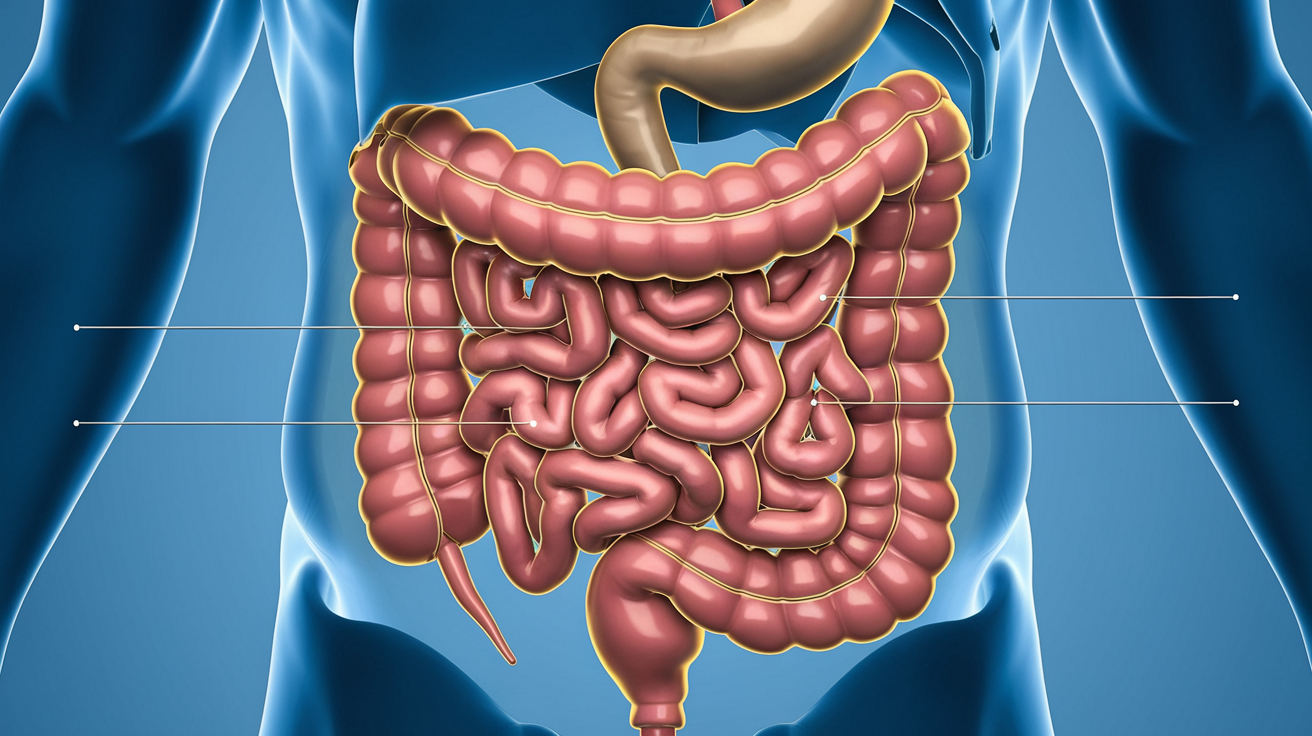 Create a realistic image of a cross-section diagram of the human digestive system, focusing on the gut area, with detailed labels highlighting different parts of the intestines, colon, and stomach, set against a light blue background to represent medical illustrations, using anatomically accurate colors and textures.
