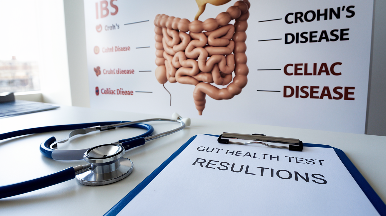 Create a realistic image of a doctor's office with a large wall poster displaying various digestive system disorders, including IBS, Crohn's disease, and celiac disease. A stethoscope and a clipboard with "Gut Health Test Results" written on it are visible on a nearby desk. The lighting is bright and clinical, emphasizing the medical setting and focus on gut health conditions.