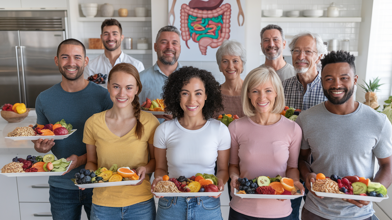 Create a realistic image of a diverse group of smiling people holding colorful plates filled with various healthy foods like fruits, vegetables, and whole grains, standing in a bright, modern kitchen with a large poster showing a digestive system diagram in the background.