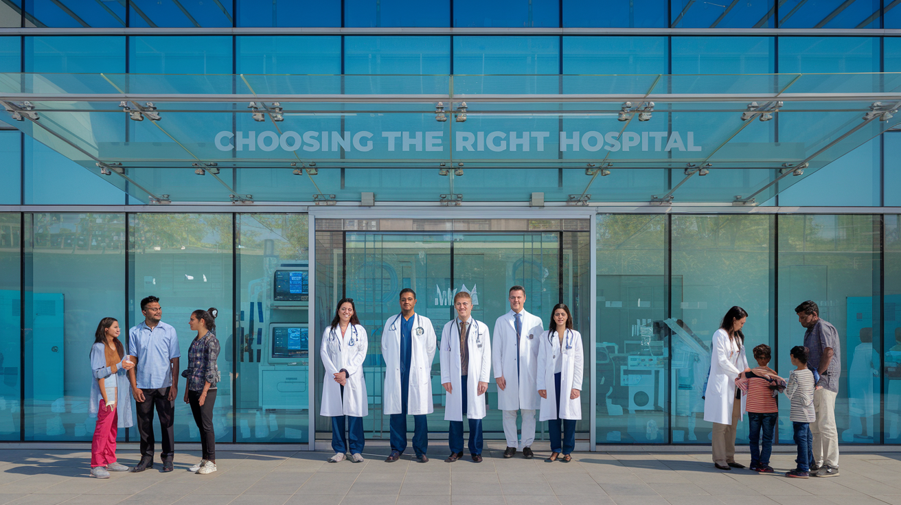 Create a realistic image of a modern hospital facade in Tamil Nadu with a diverse medical team (Indian male and female doctors) standing at the entrance, medical technology visible through glass windows, with families of different ages consulting with healthcare professionals in the foreground, under clear blue skies, with the text "Choosing the Right Hospital" subtly integrated at the bottom.