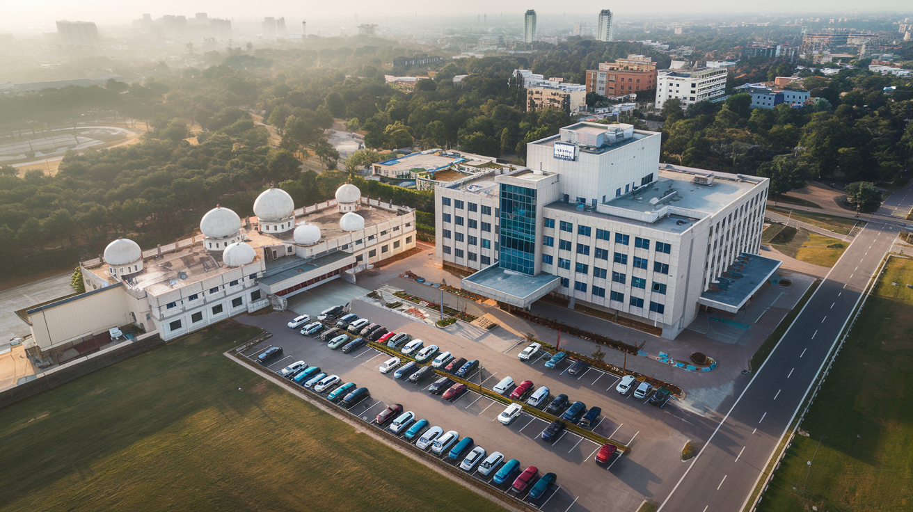 Create a realistic image of an aerial view of Tamil Nadu's healthcare landscape showing a modern hospital building alongside traditional medical facilities, with a diverse group of Indian medical professionals (both male and female) in white coats reviewing a large map of Tamil Nadu highlighting hospital locations, medical college campuses, and healthcare centers across urban and rural areas, with statistical graphs showing healthcare metrics posted on a wall in the background.