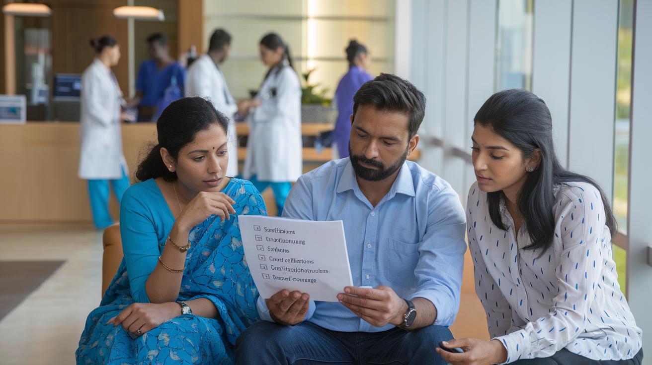 Create a realistic image of a thoughtful Indian family (mother, father, and adult daughter) sitting in a modern hospital lobby in Tamil Nadu, reviewing a checklist of hospital selection criteria, with visible factors like "Specializations," "Equipment," "Doctor Qualifications," and "Insurance Coverage" on the paper, while hospital staff of various ethnicities work in the background, with soft natural lighting coming through large windows.